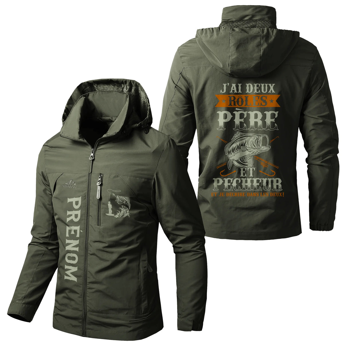 Veste pêche vert militaire à capuche avec slogan père pêcheur déchire, prénom personnalisé