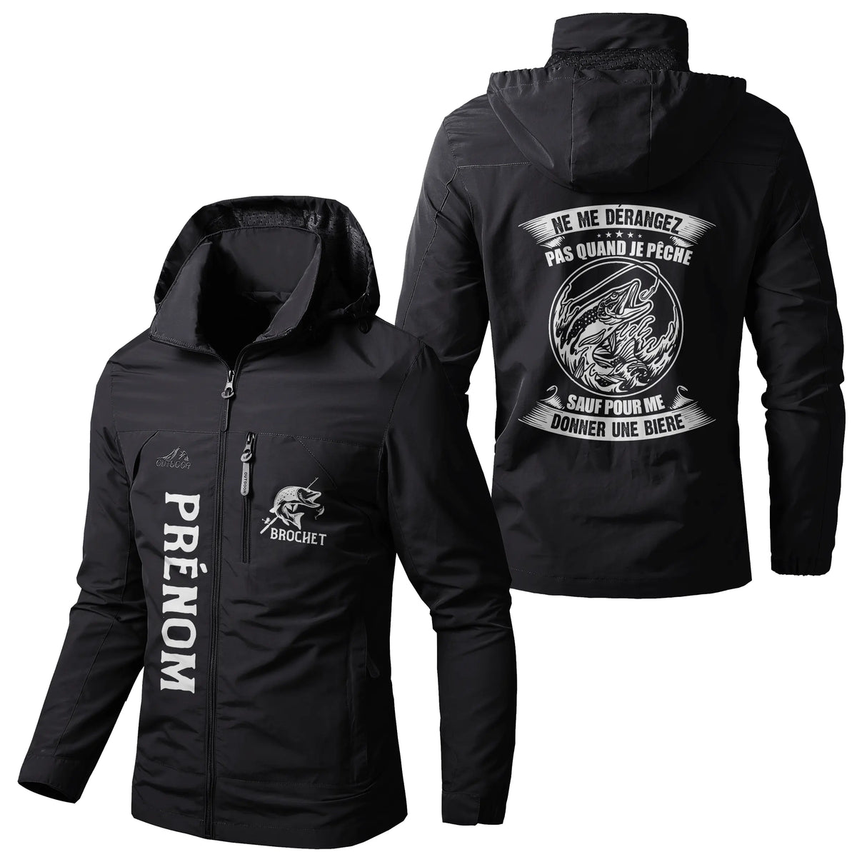 Veste pêche noire à capuche avec slogan Ne me dérangez pas quand je pêche, brochet illustration, prénom personnalisé