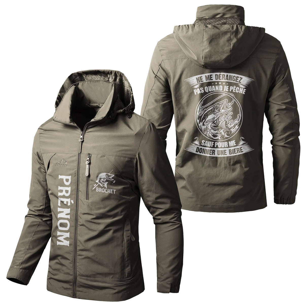 Veste pêche vert kaki à capuche avec slogan humour bière brochet, prénom personnalisé