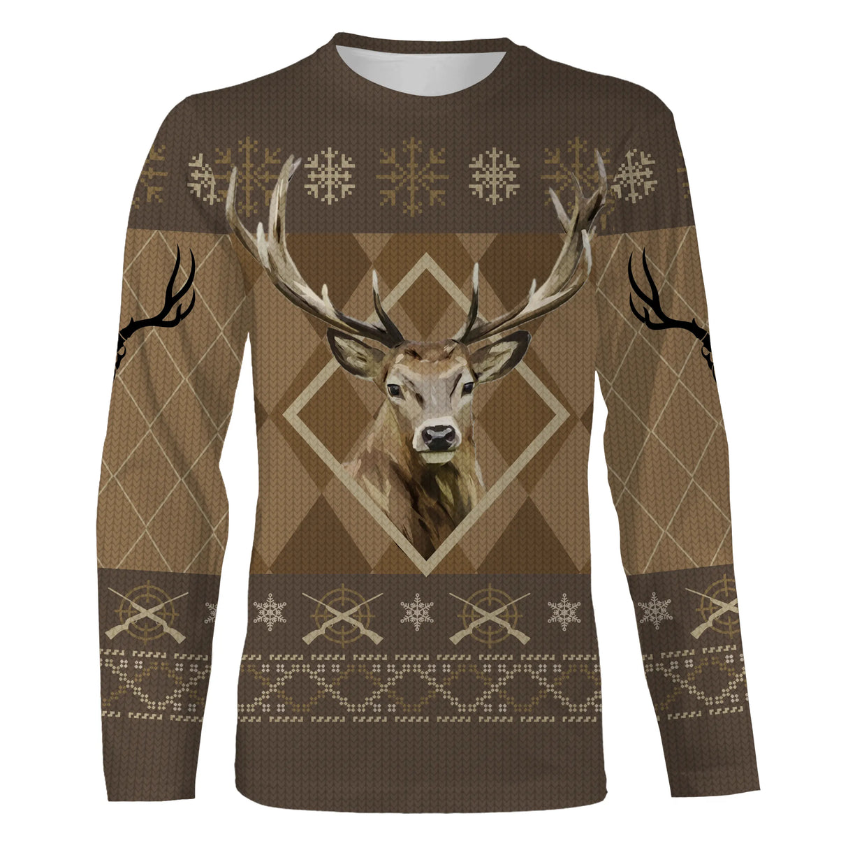 Sweater Noël chasse cerf tricoté motifs jacquard hivernaux, coupe unisexe pour chasseur grande faune