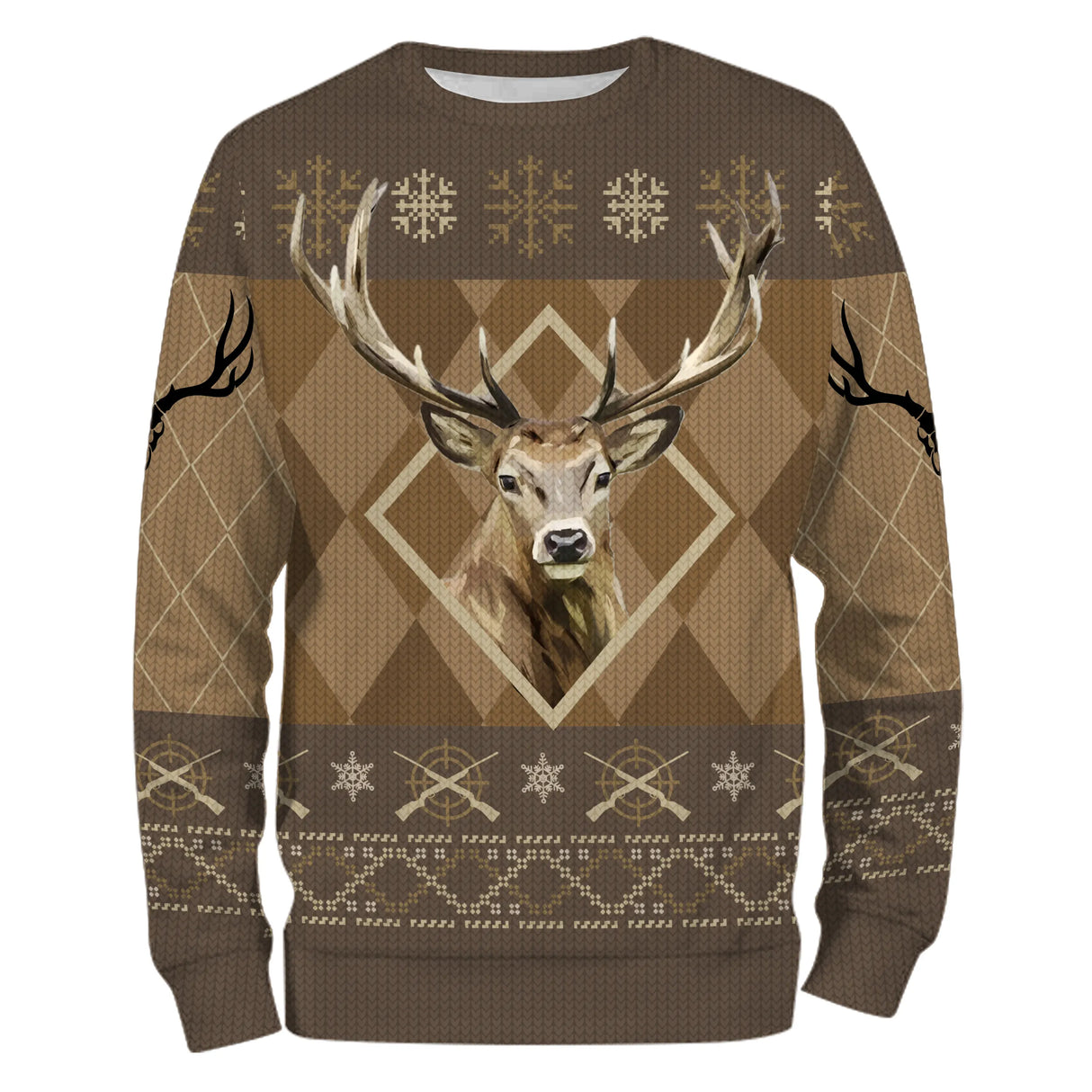Sweat à capuche Noël chasse cerf jacquard, design ugly christmas sweater pour passionné brame