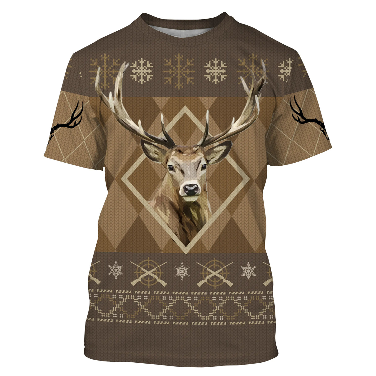 Pull Noël chasse cerf jacquard brun caramel avec grand cerf central encadré et motifs flocons fusils croisés