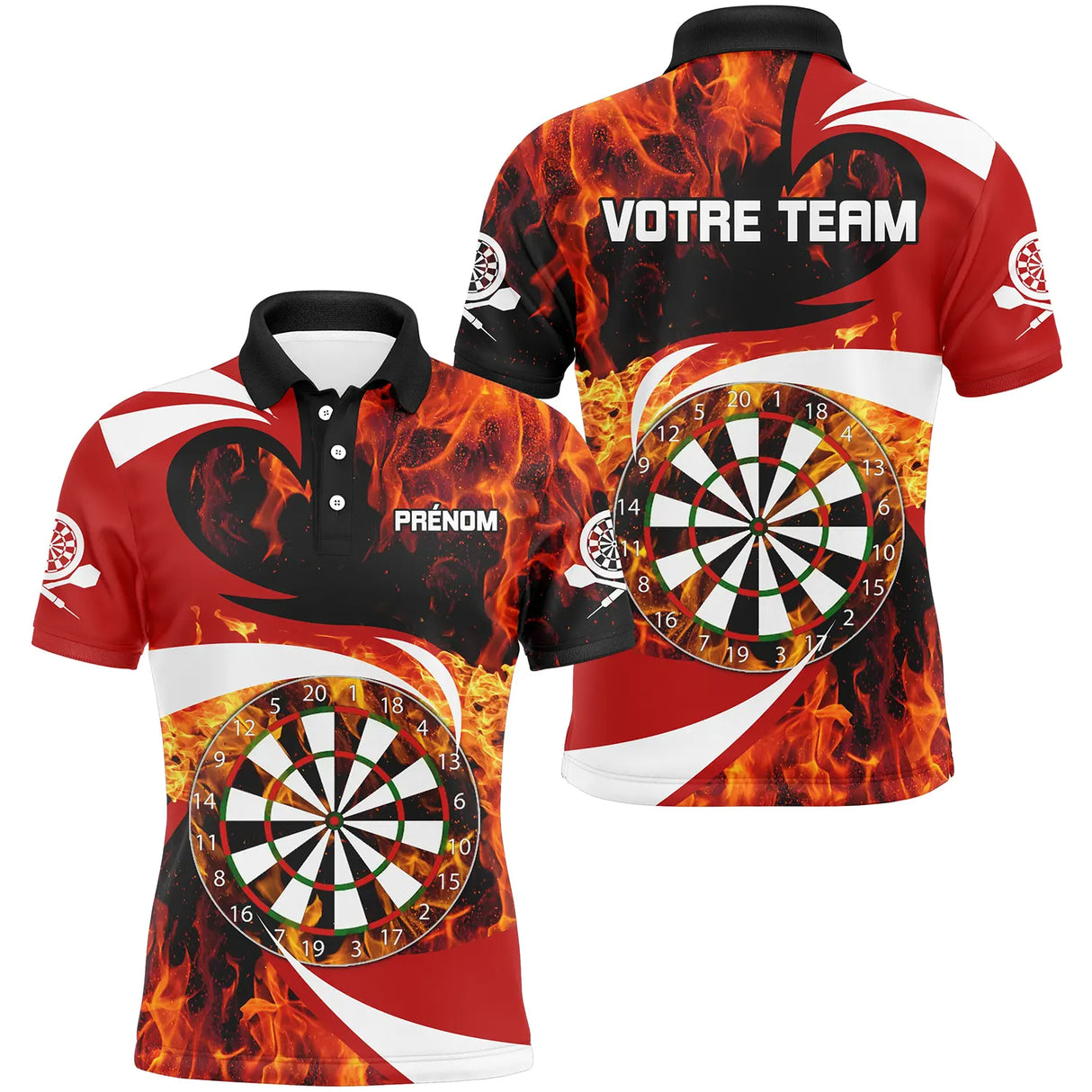 Polo fléchettes rouge et noir homme avec cibles flamboyantes Blaze design incandescent, prénom et équipe personnalisés