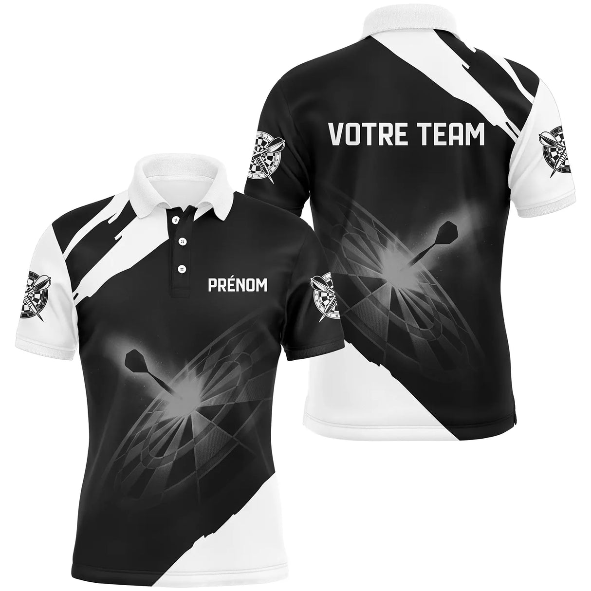 Polo fléchettes noir et blanc homme avec cibles éclatées Cosmic Strike moderne, prénom et équipe personnalisés