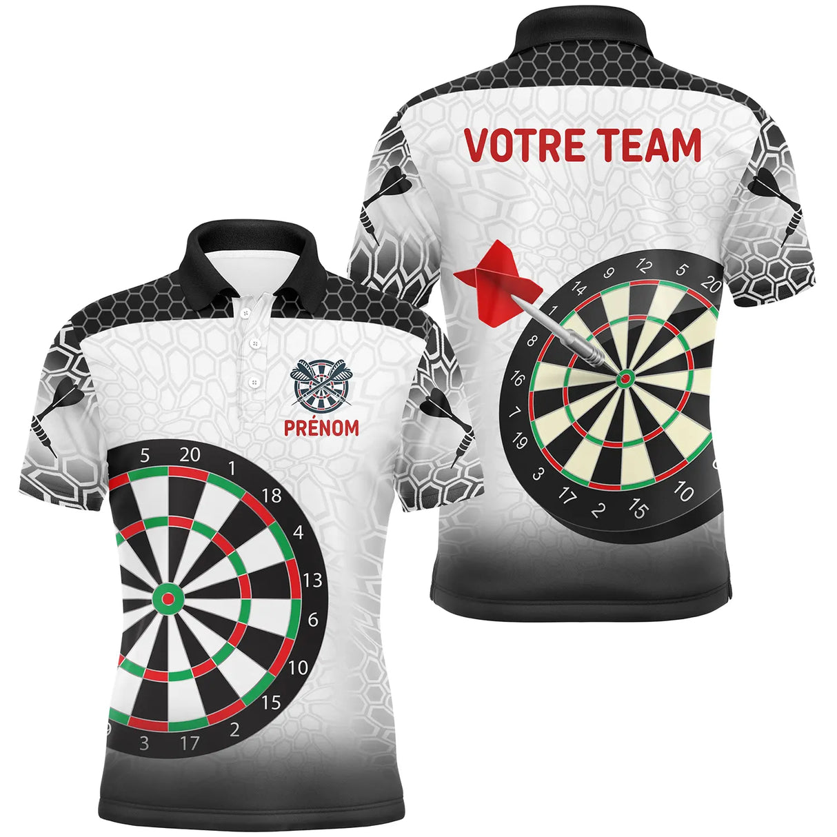 Polo fléchettes blanc et noir homme avec cibles classiques Target Precision élégant, prénom et équipe personnalisés