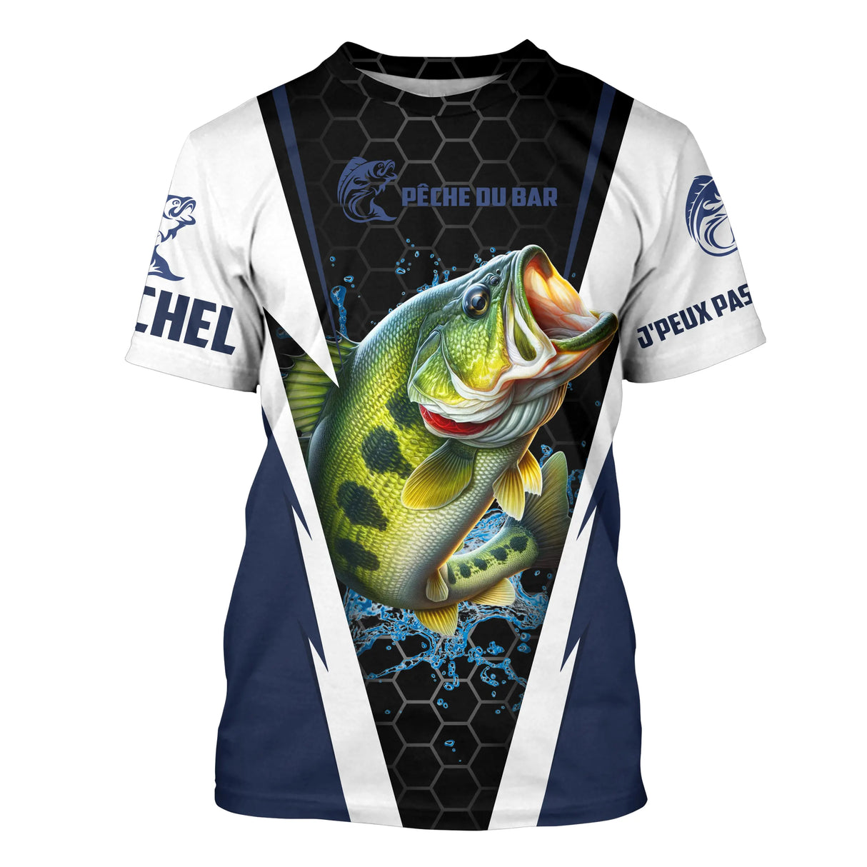 T-shirt all-over pêche bar bleu marine et blanc avec bar en attaque coupe unisexe