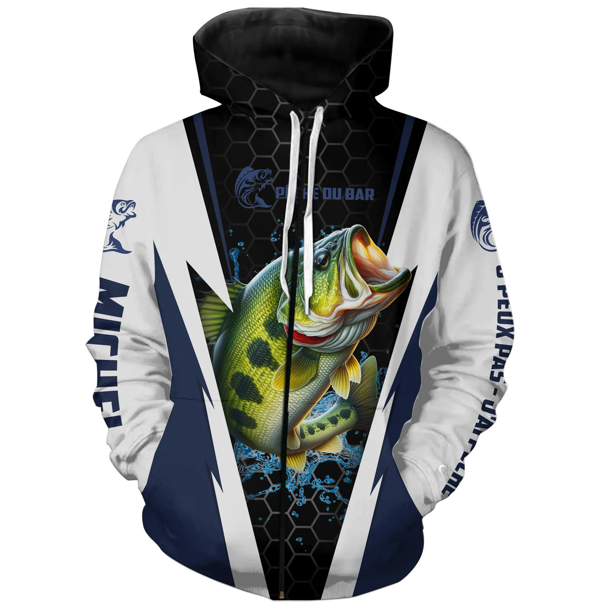 Sweat zippé all-over pêche bar bleu marine et blanc bar attaque coupe unisexe