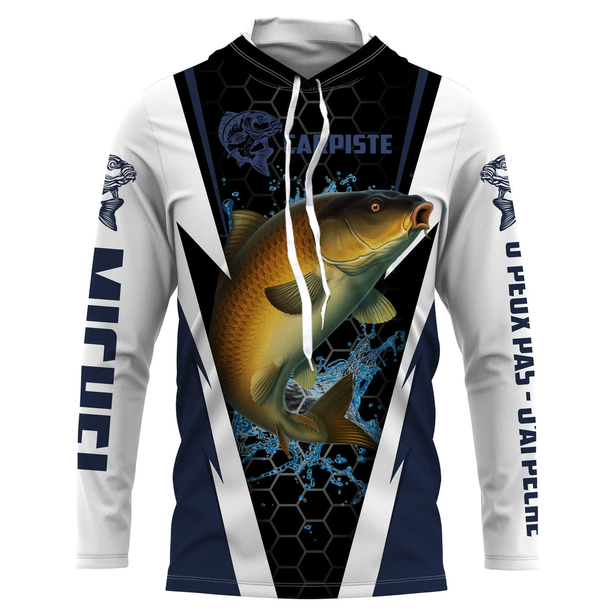 Hoodie capuche anti-UV pêche carpe bleu marine et blanc avec carpe en combat lettrage Carpiste J'peux Pas