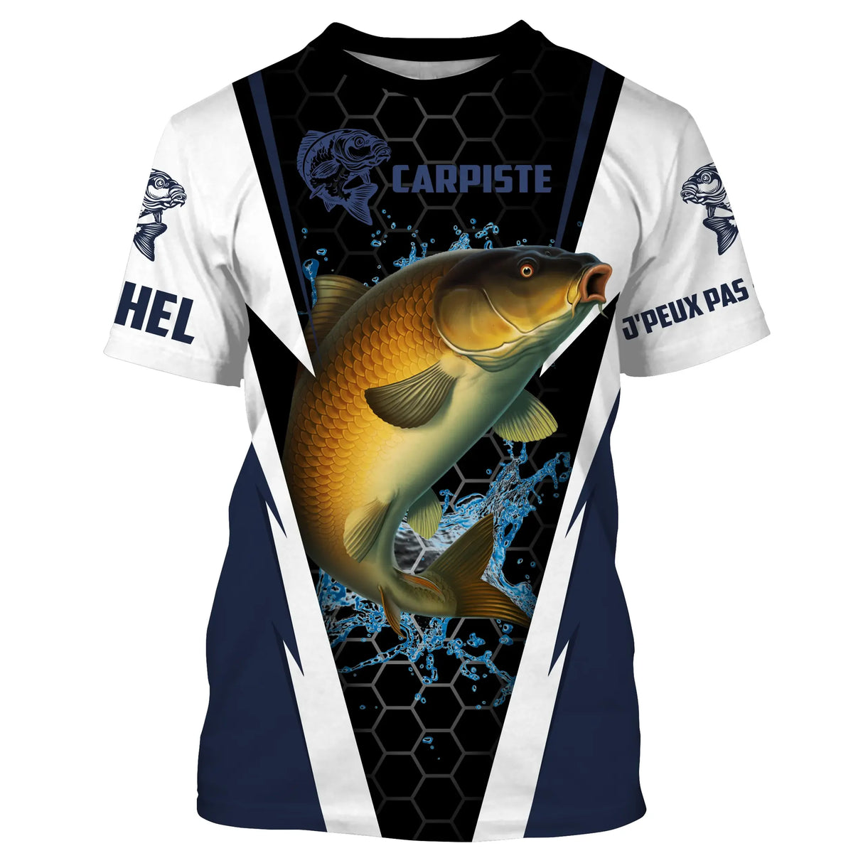T-shirt all-over pêche carpe bleu marine et blanc avec carpe en combat coupe unisexe
