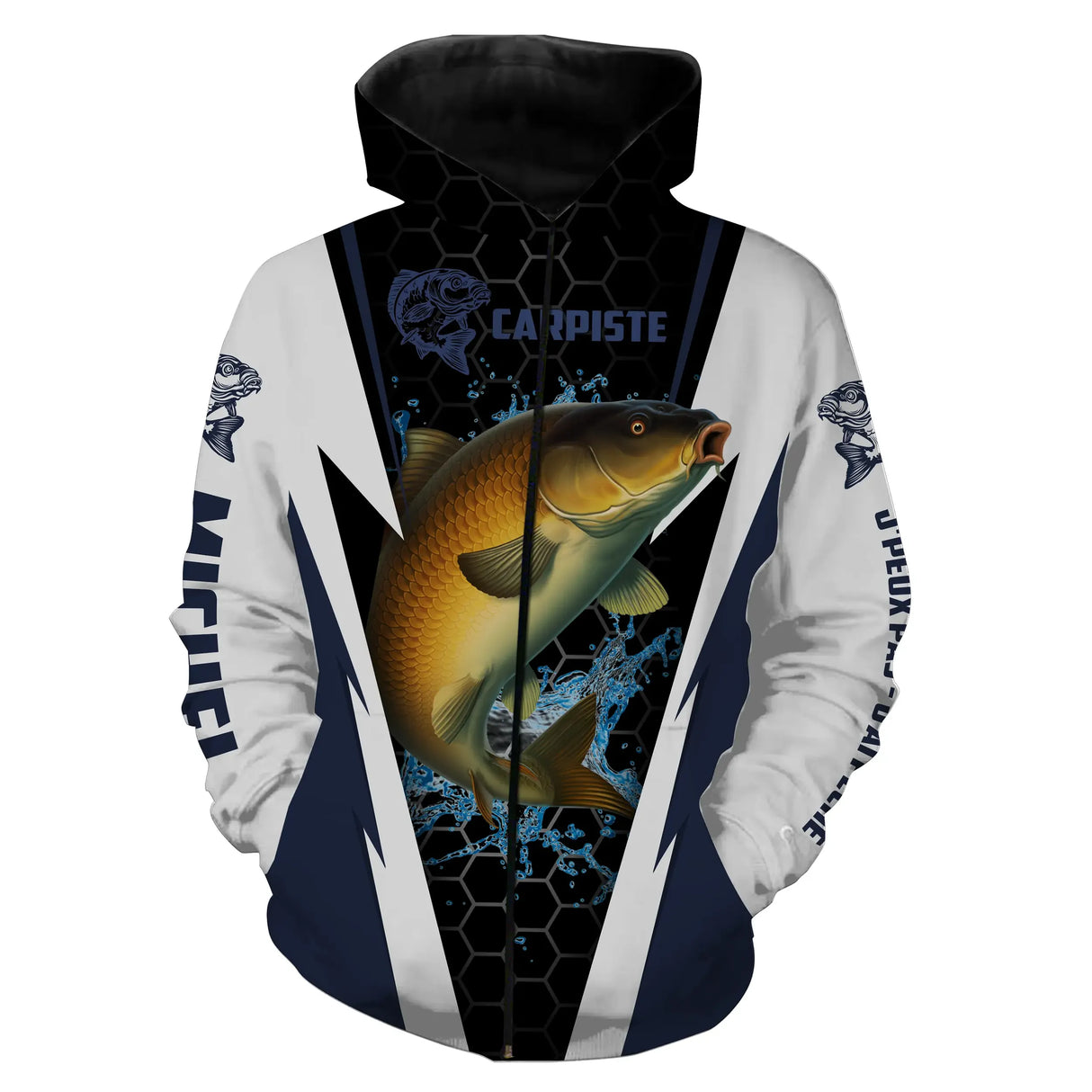 Sweat zippé all-over pêche carpe bleu marine coupe unisexe pour carpistes