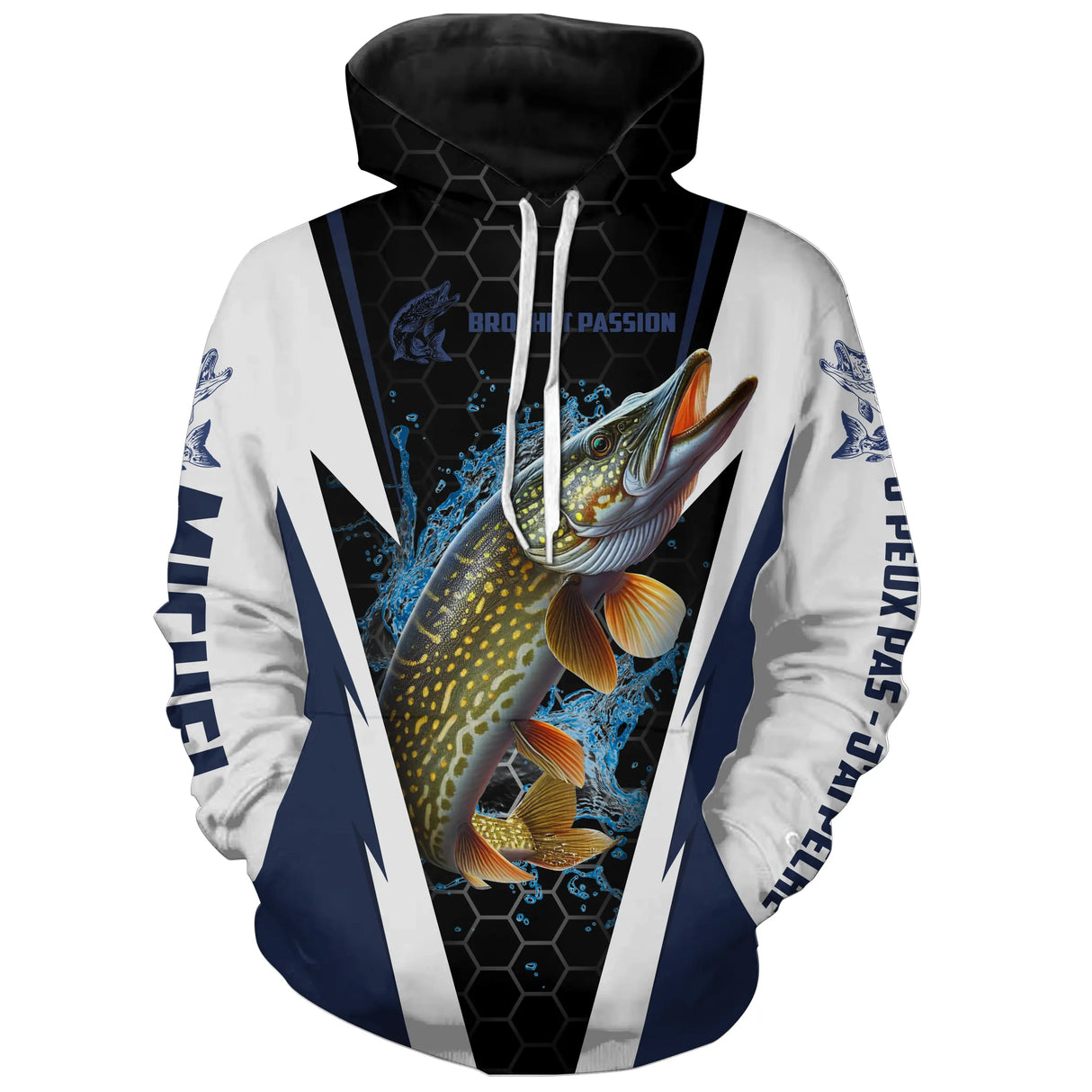 Manches longues pêche brochet bleu marine et blanc avec brochet et Brochet Passion all-over