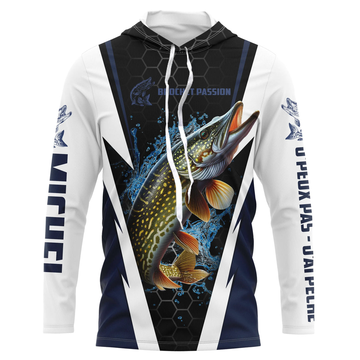 Hoodie capuche anti-UV pêche brochet bleu marine et blanc avec brochet en attaque Brochet Passion