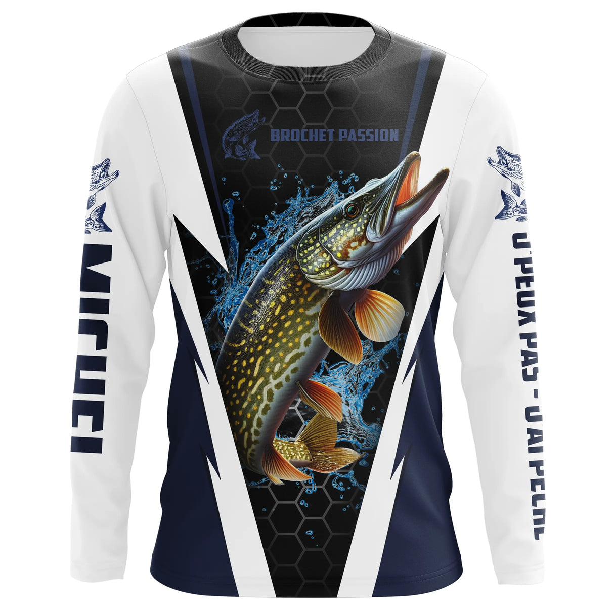 Manches longues anti-UV pêche brochet bleu marine et blanc motif brochet attaque all-over
