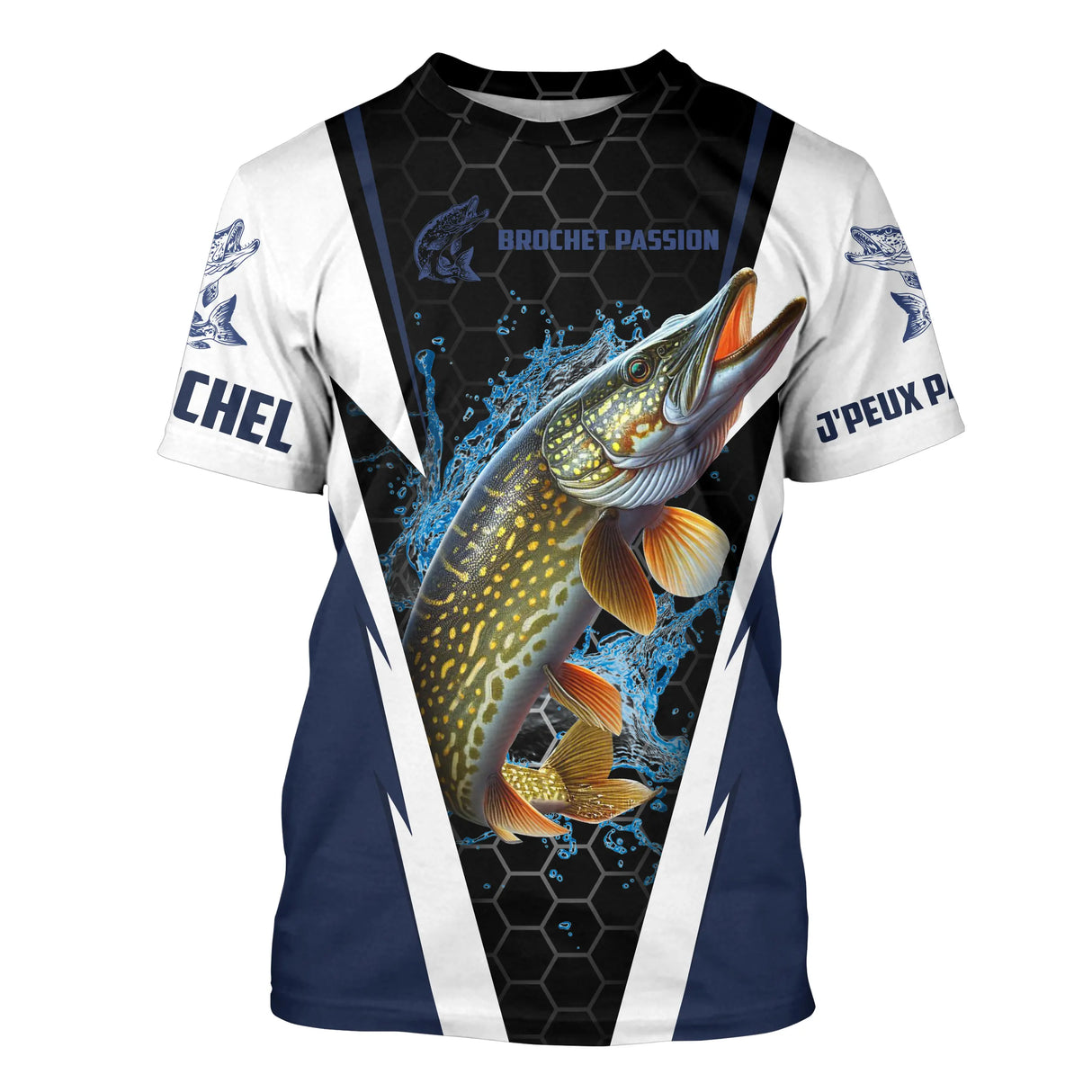 T-shirt all-over pêche brochet bleu marine et blanc brochet attaque coupe unisexe lac