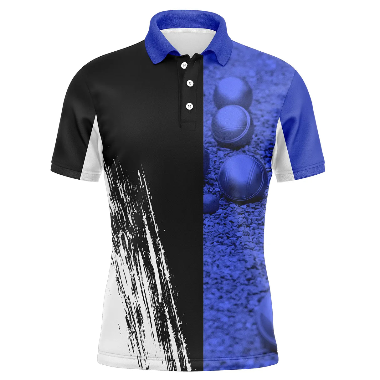 Polo pétanque bleu et noir homme avec boules de pétanque et effet splash dynamique sur le côté