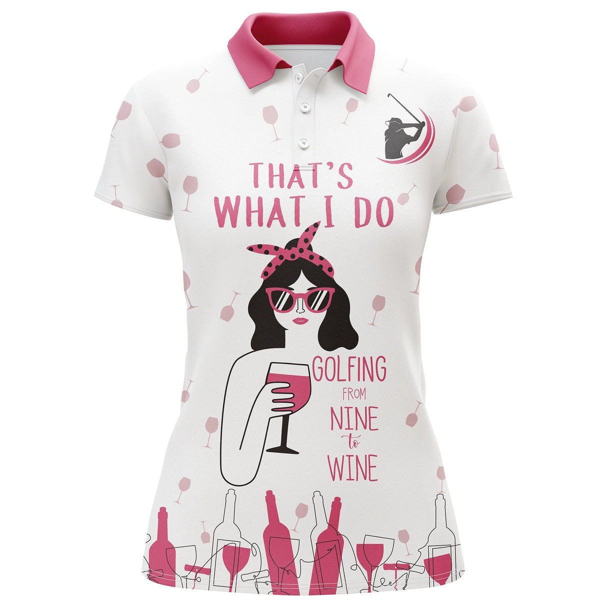 Polo femme golf et vin blanc rose avec golfeuse stylée et lettrage Nine to Wine, motifs balles et bouteilles