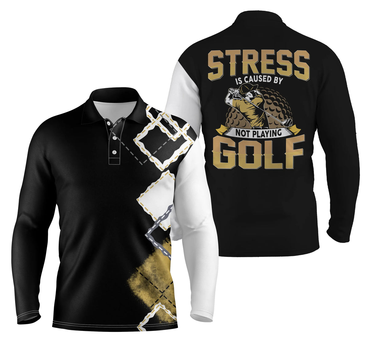 Polo golf manches longues unisexe humour Stress, design all-over noir balle dorée éclaboussée