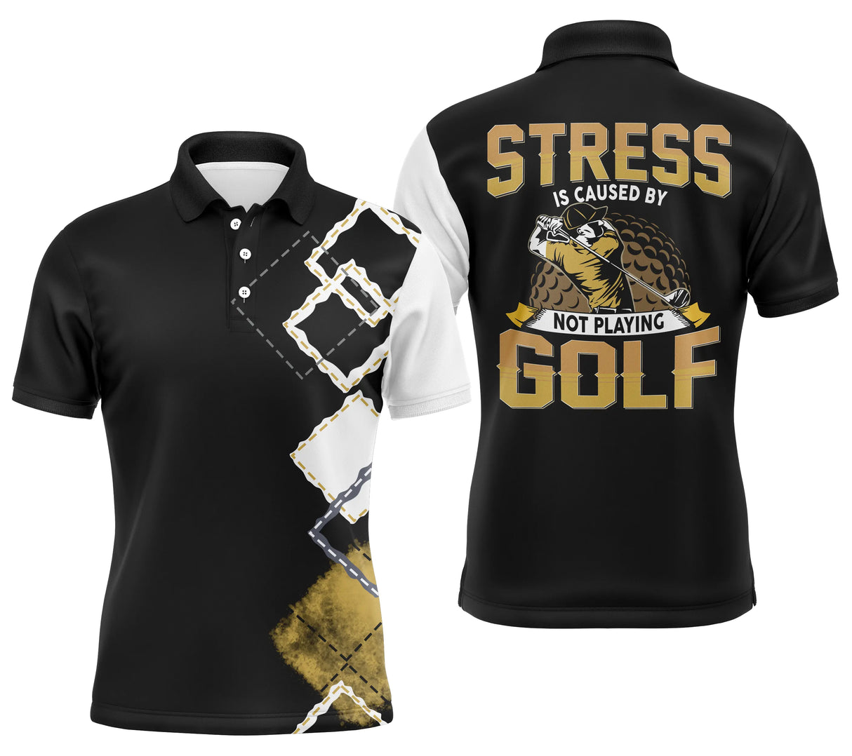 Polo golf humour noir et or avec lettrage Stress Is Caused By Not Playing Golf et motif argyle losanges