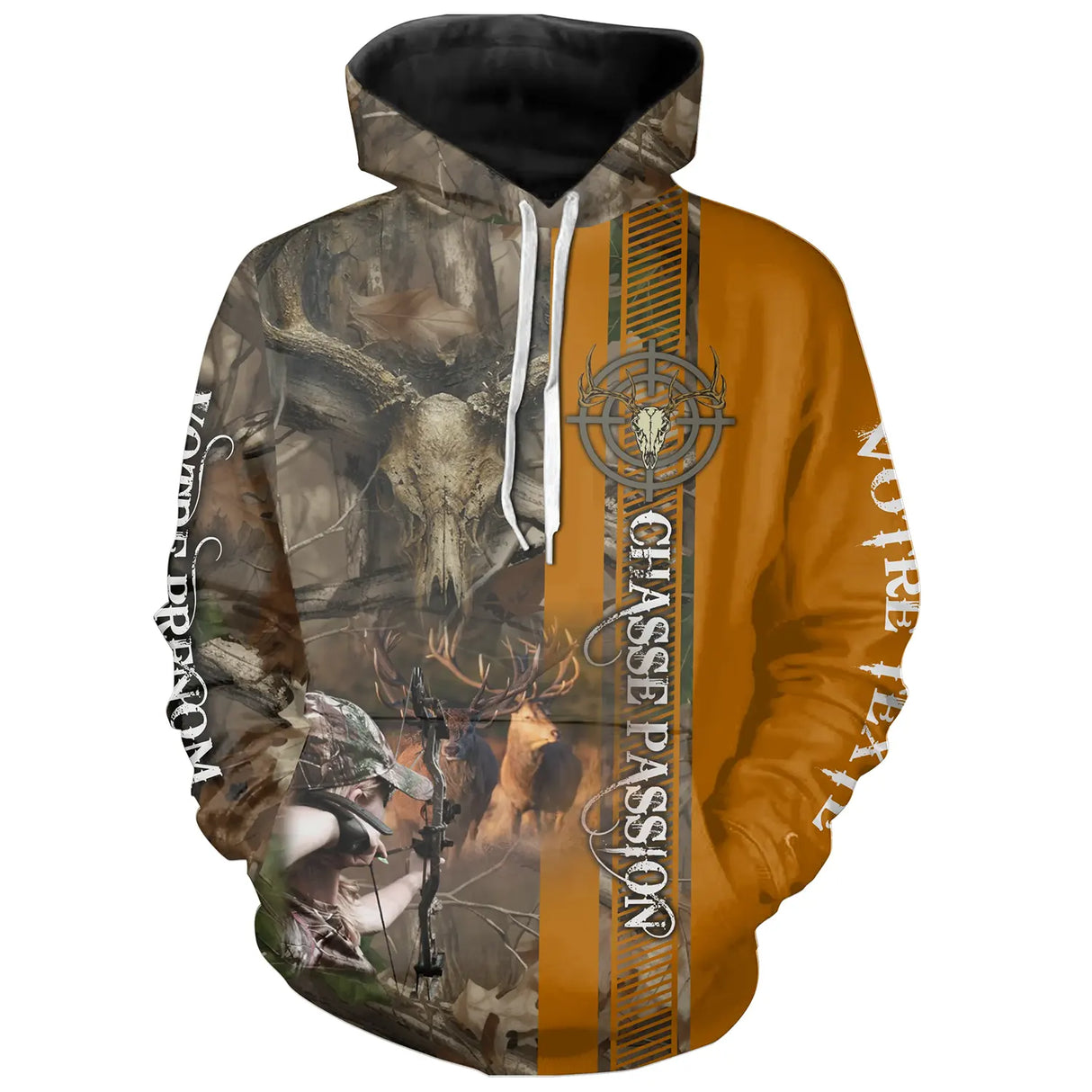 Sweat à capuche chasse cerf passion scène chasseur, marquage prénom et texte pour passionné brame