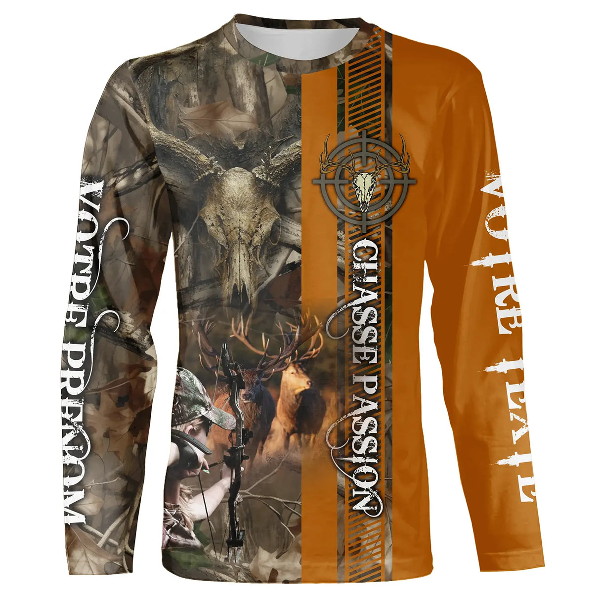 T-shirt chasse cerf approche éthique camouflage orange brun, prénom et texte personnalisés