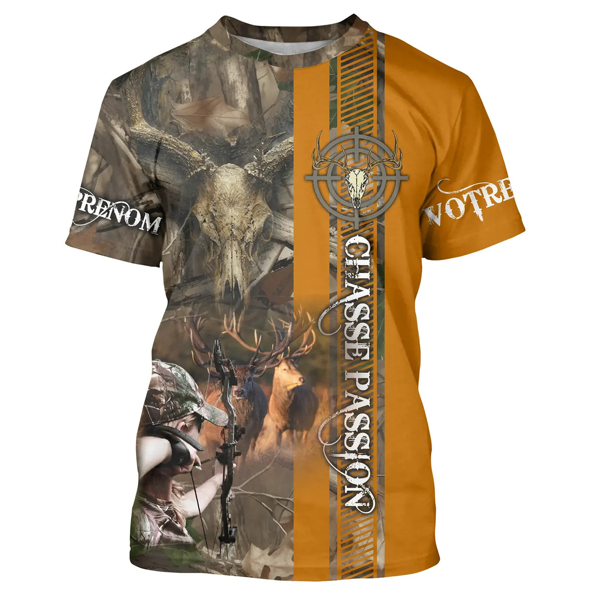 T-shirt chasse cerf passion camouflage orange avec scène chasseur agenouillé et cerf, lettrage Chasse Passion central