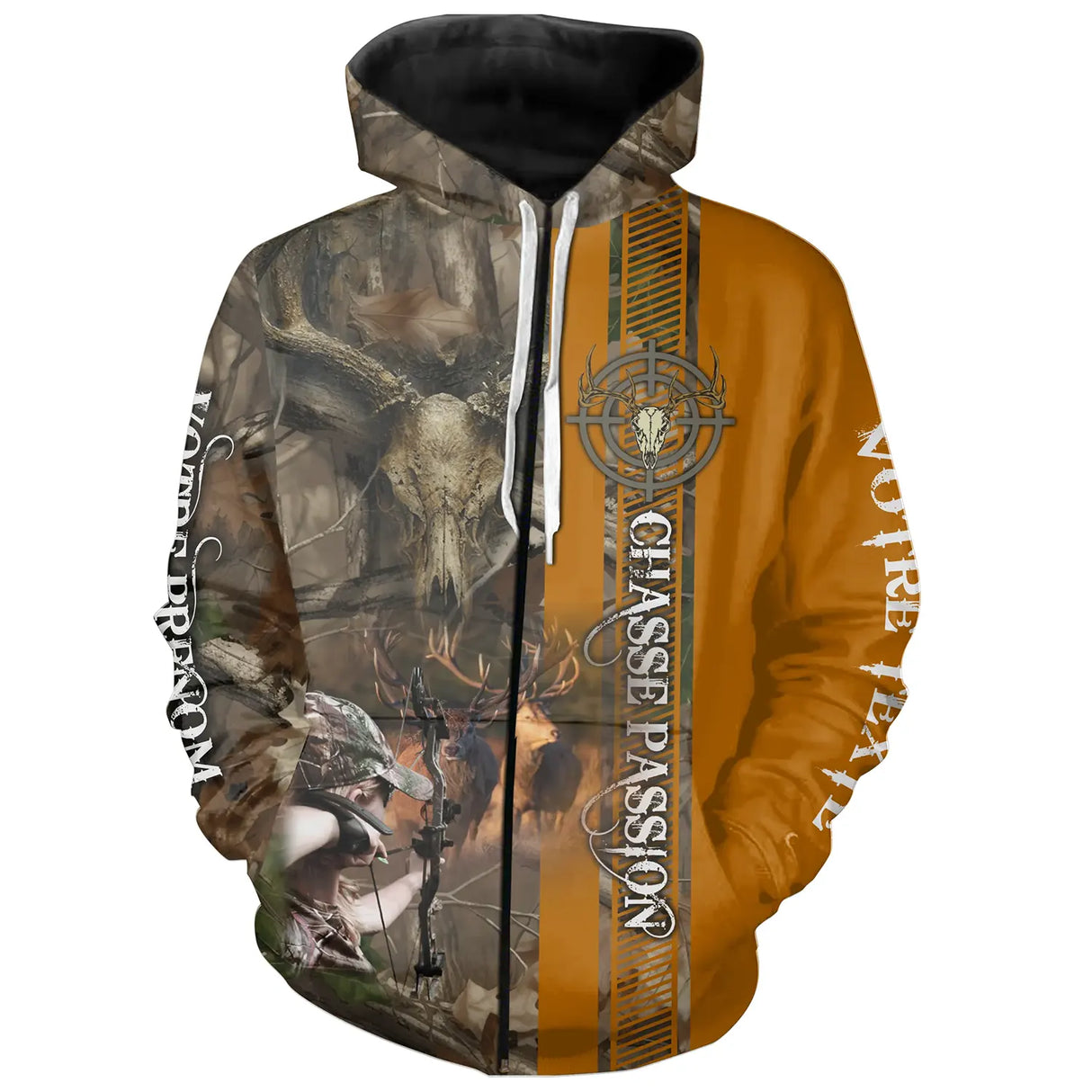 Sweat zippé chasse cerf camouflage orange Chasse Passion, tenue cynégétique avec prénom et texte