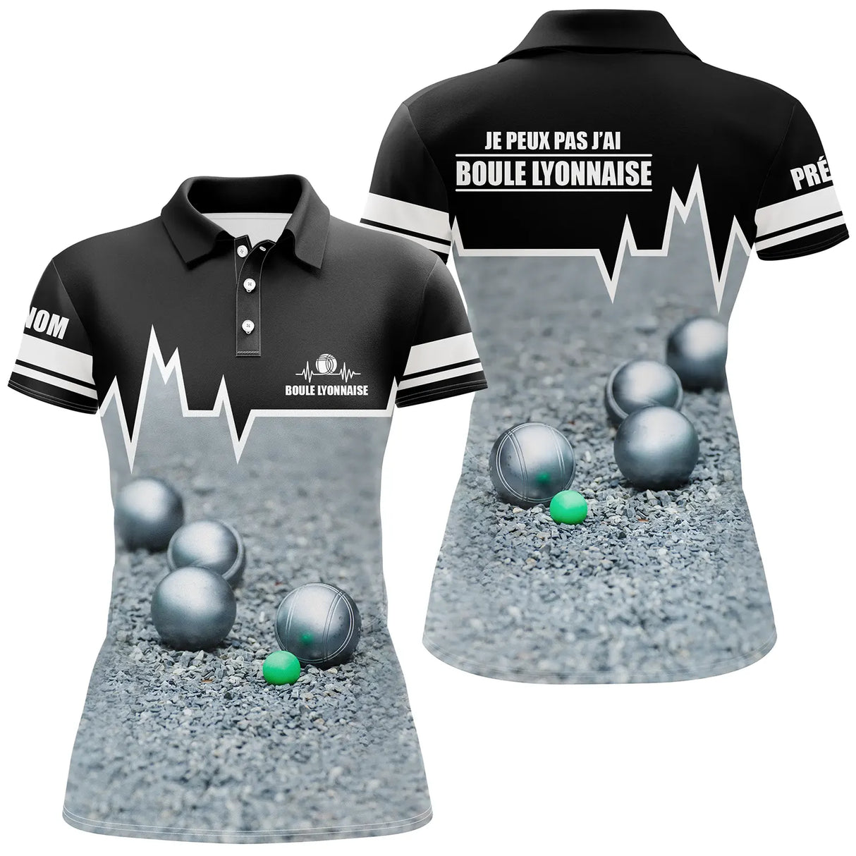 Polo boule lyonnaise femme noir blanc humour j'peux pas devant boules sol gravillonné prénom manche personnalisé