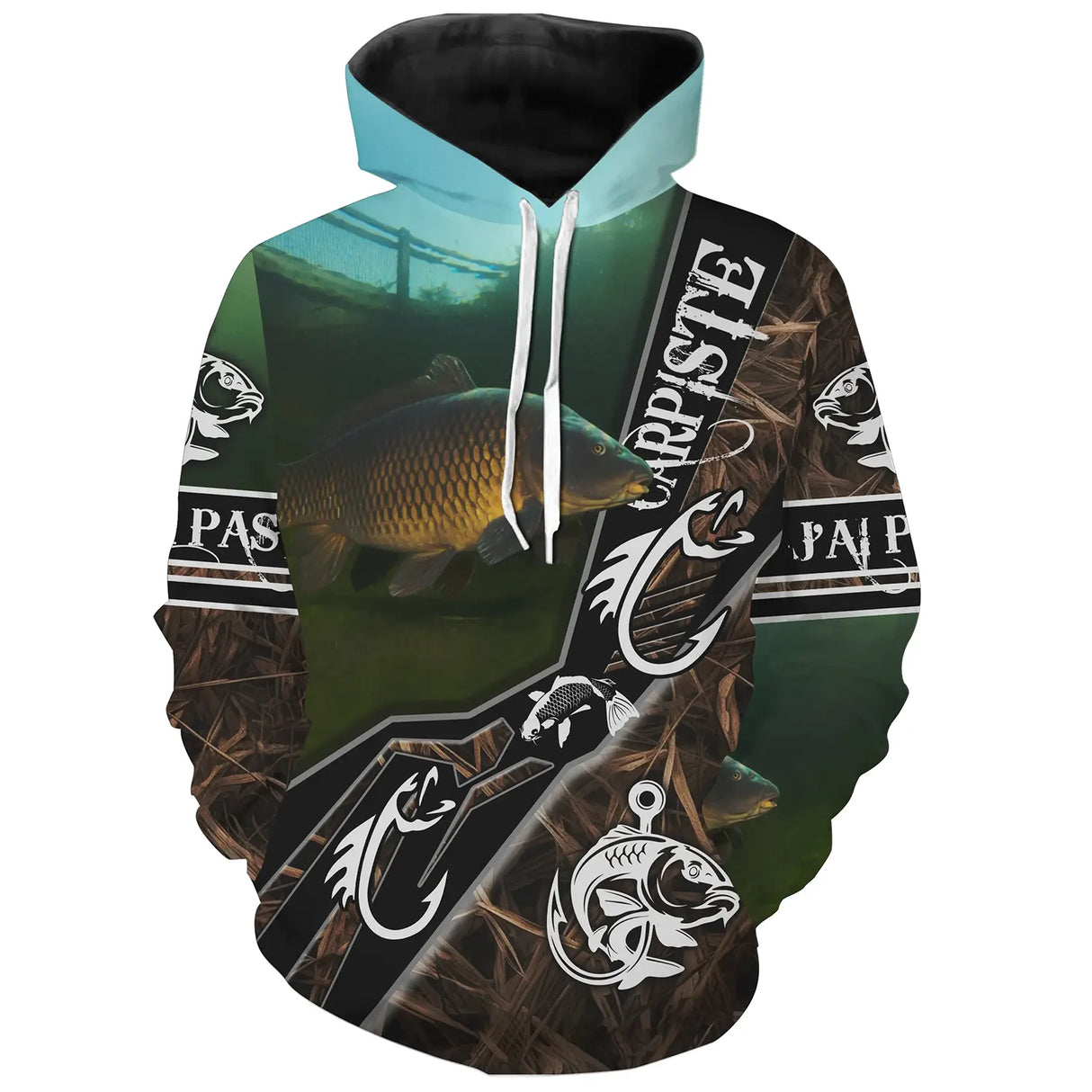 T-shirt all-over manches longues carpiste camouflage vert, formule humoristique pour pêcheur de carpe