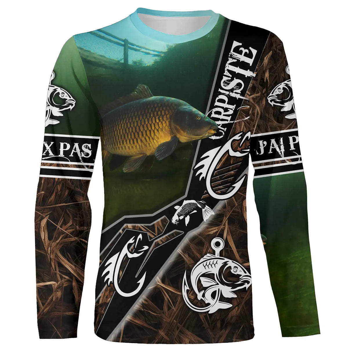 T-shirt carpiste design all-over camouflage naturaliste, coupe unisexe halieutique