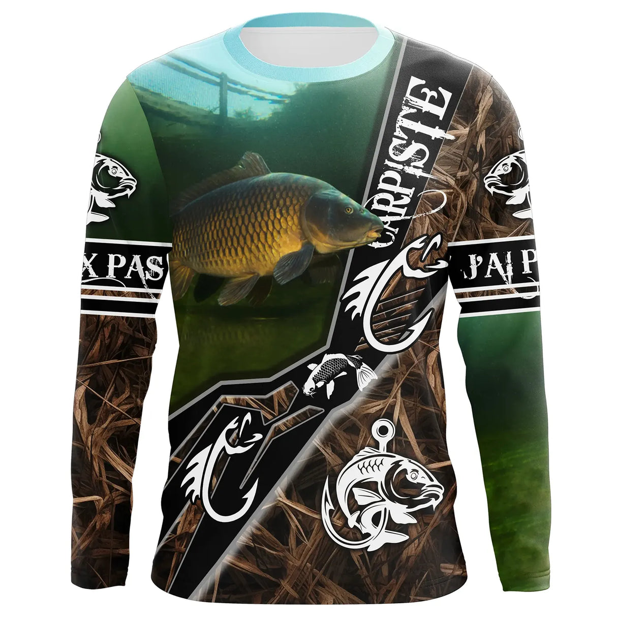Sweat à capuche carpiste camouflage vert avec carpe et leurre, motif berge sauvage