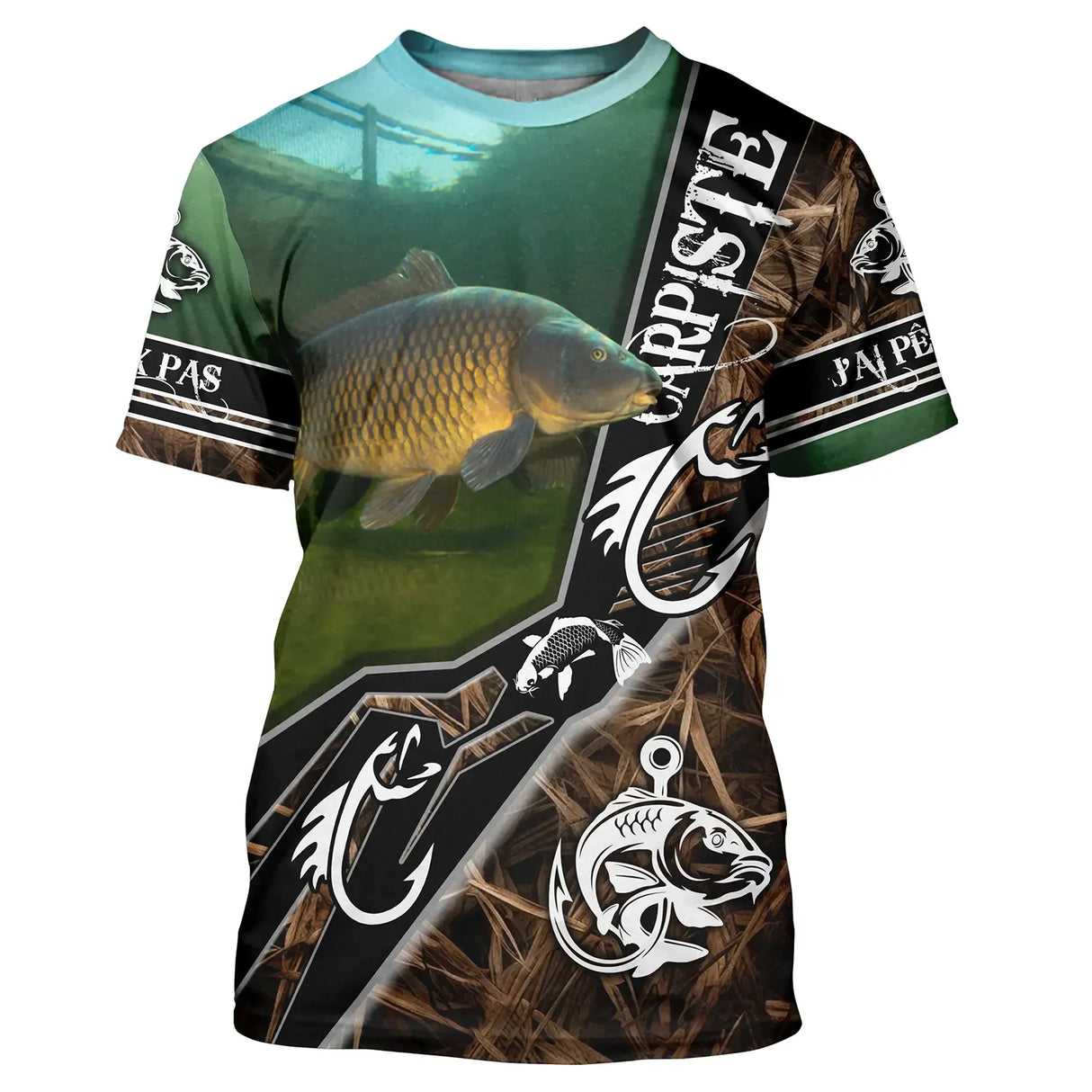 T-shirt carpiste camouflage vert brun avec carpe sautant et crâne décoratif, lettrage Carpiste J'peux pas j'ai pêche