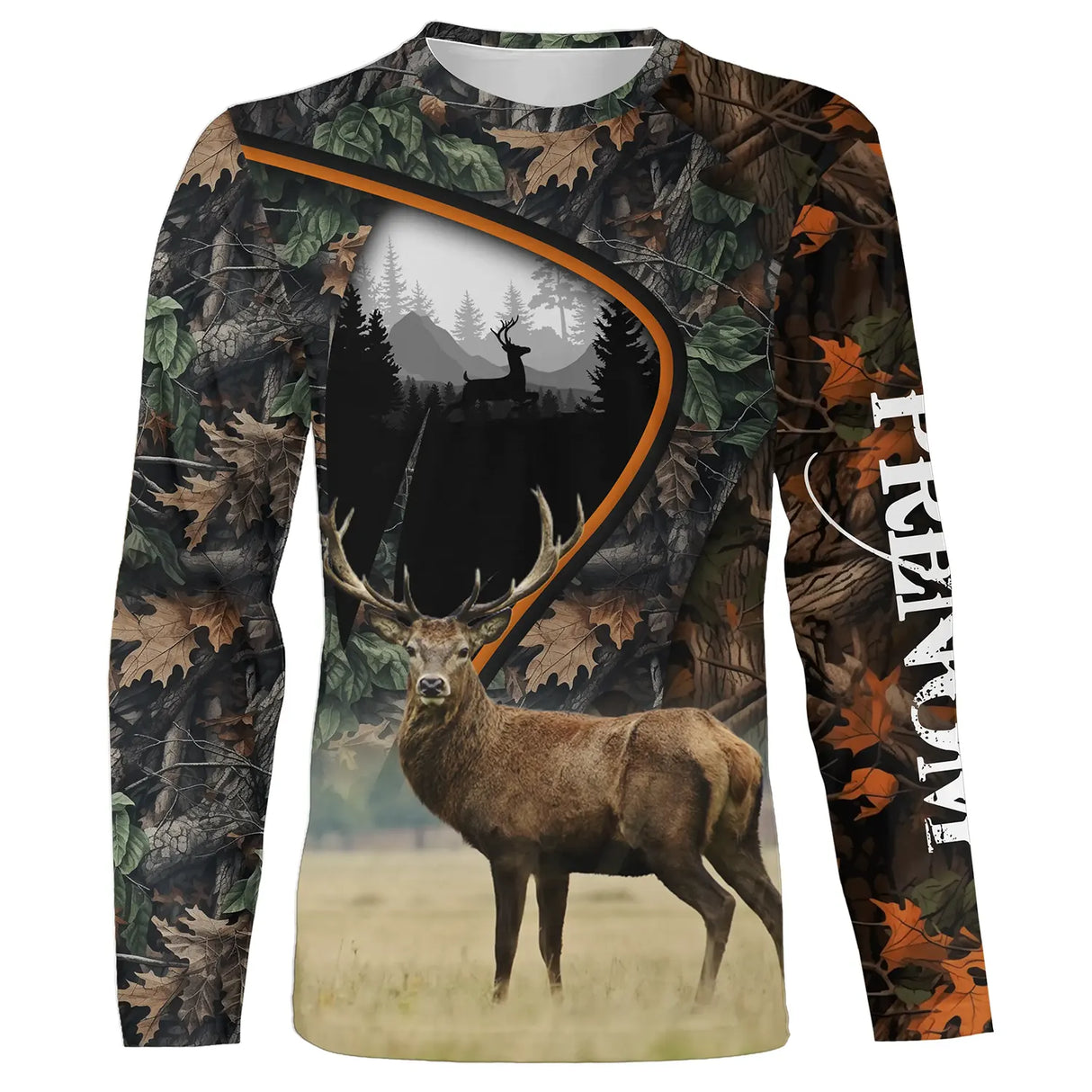 T-shirt chasse cerf clairière vue de face design feuillages bruns et ocre, coupe unisexe personnalisable chasseur