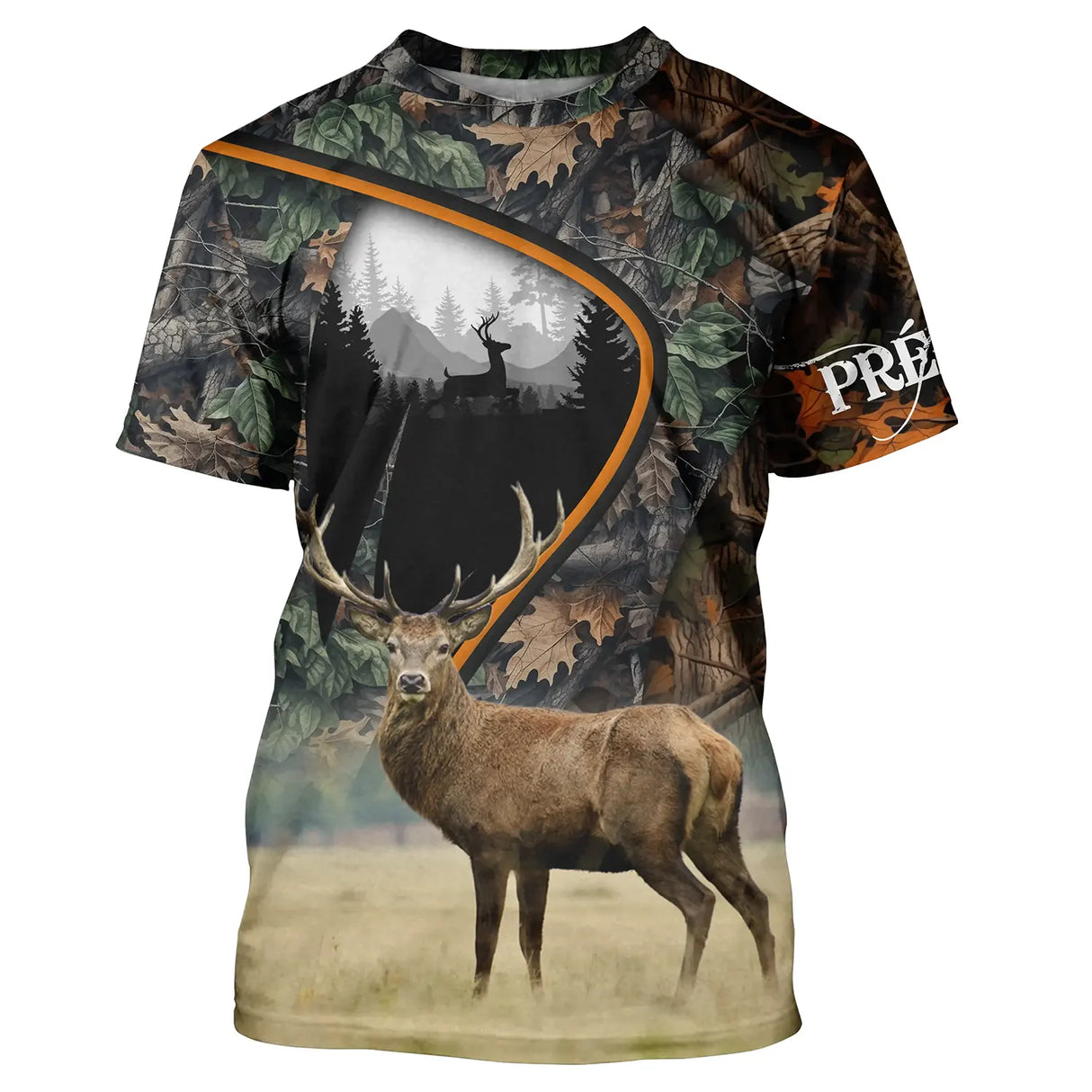 T-shirt chasse cerf camouflage Realtree automne avec cerf à grand bois en clairière forestière et arabesques végétales