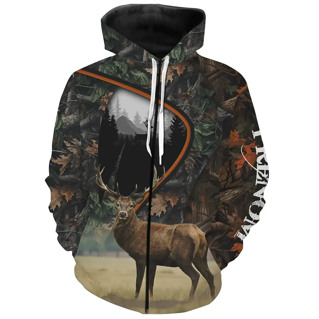 Sweat zippé chasse cerf camouflage automne, scène clairière forestière, vêtement halieutique pour chasseur en battue