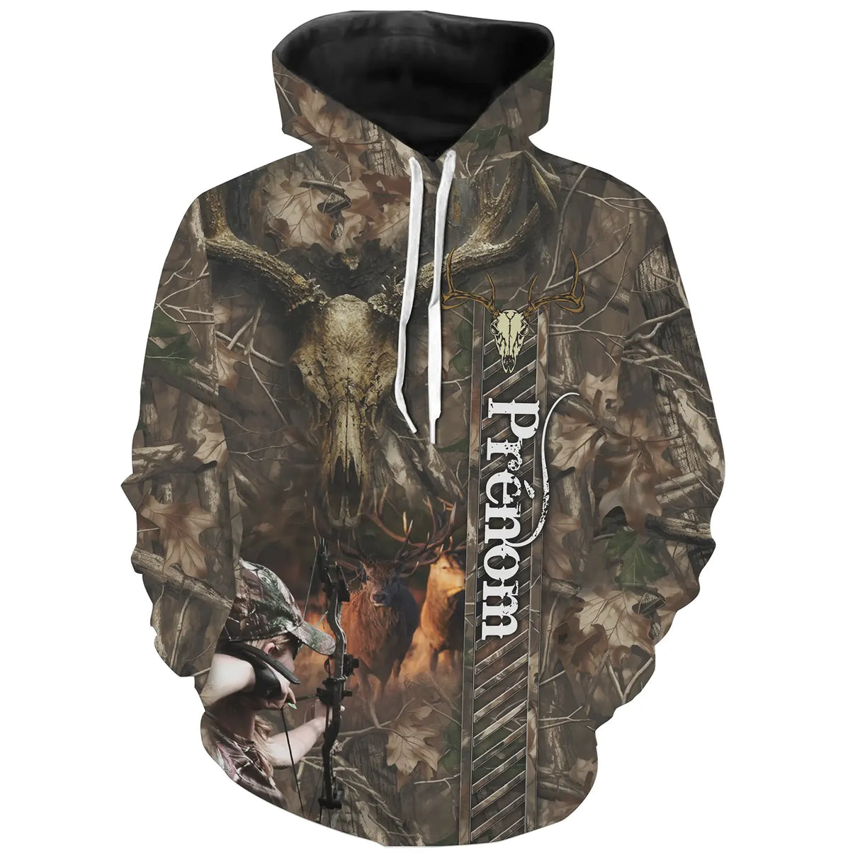 Sweat à capuche chasse cerf camo crâne et chasseur, scène en sous-bois, vêtement chaud pour chasseur à l affût