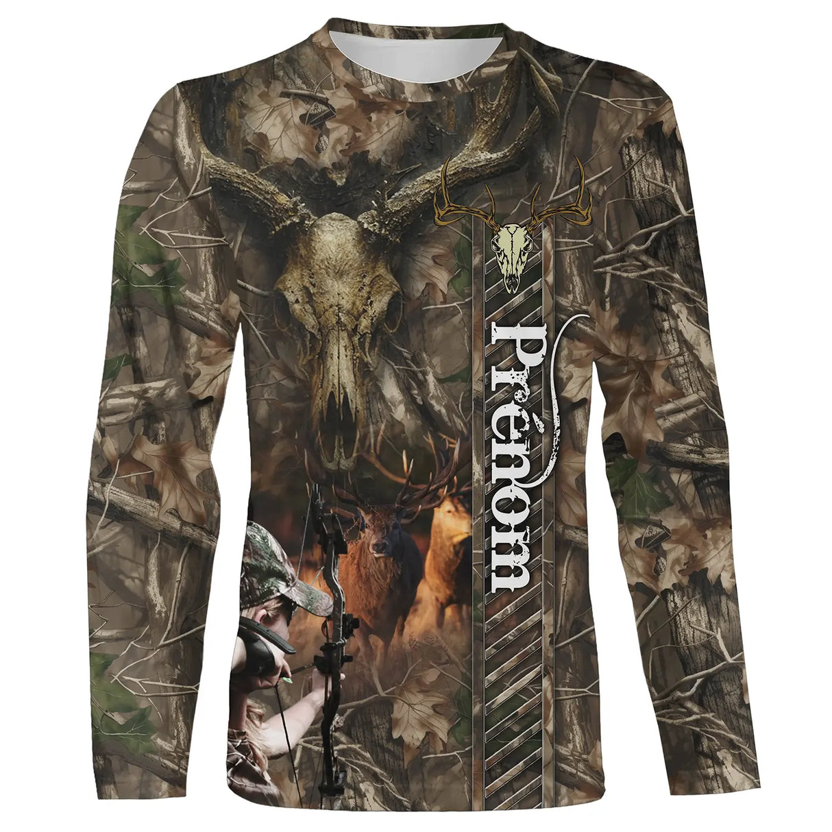 T-shirt chasse cerf camo crâne chasseur vue de face design narratif, coupe unisexe personnalisable