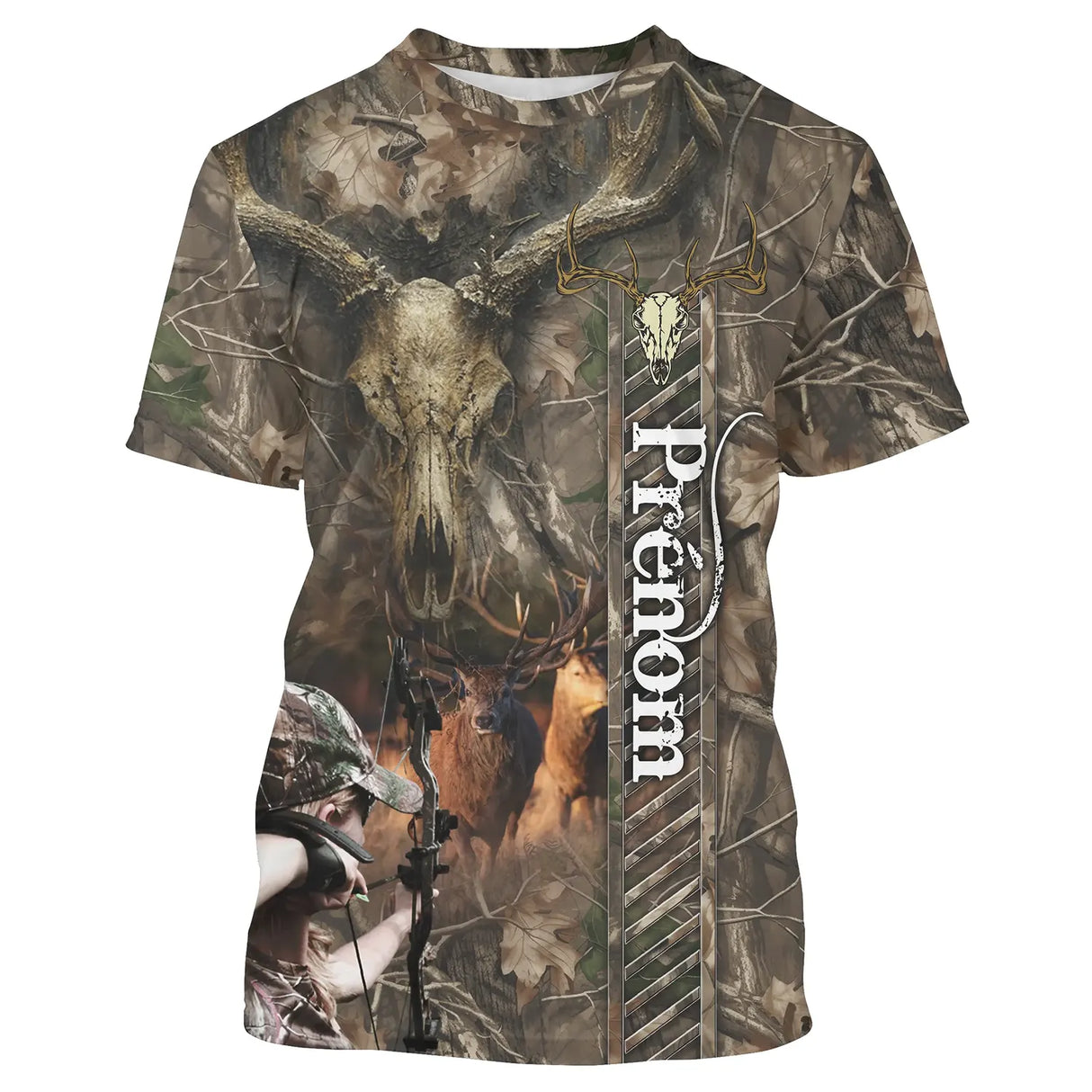 T-shirt chasse cerf camouflage Realtree brun avec crâne de cerf à bois imposants et chasseur posté observant harde de cerfs