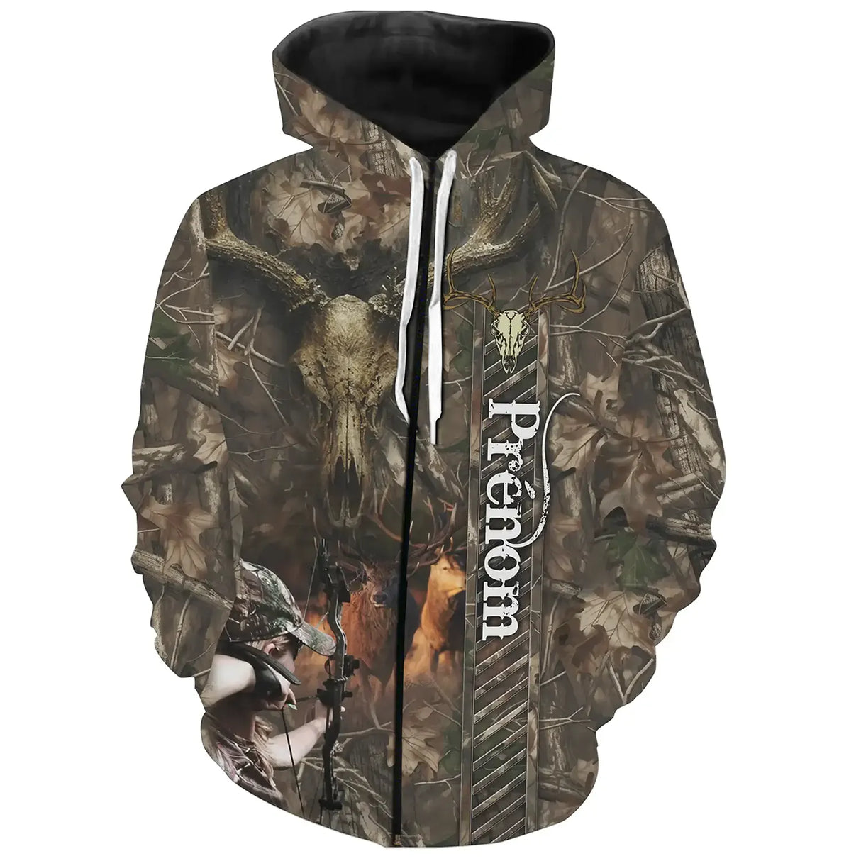 Sweat zippé chasse cerf camouflage Realtree, design crâne et harde, vêtement halieutique pour battue grand gibier