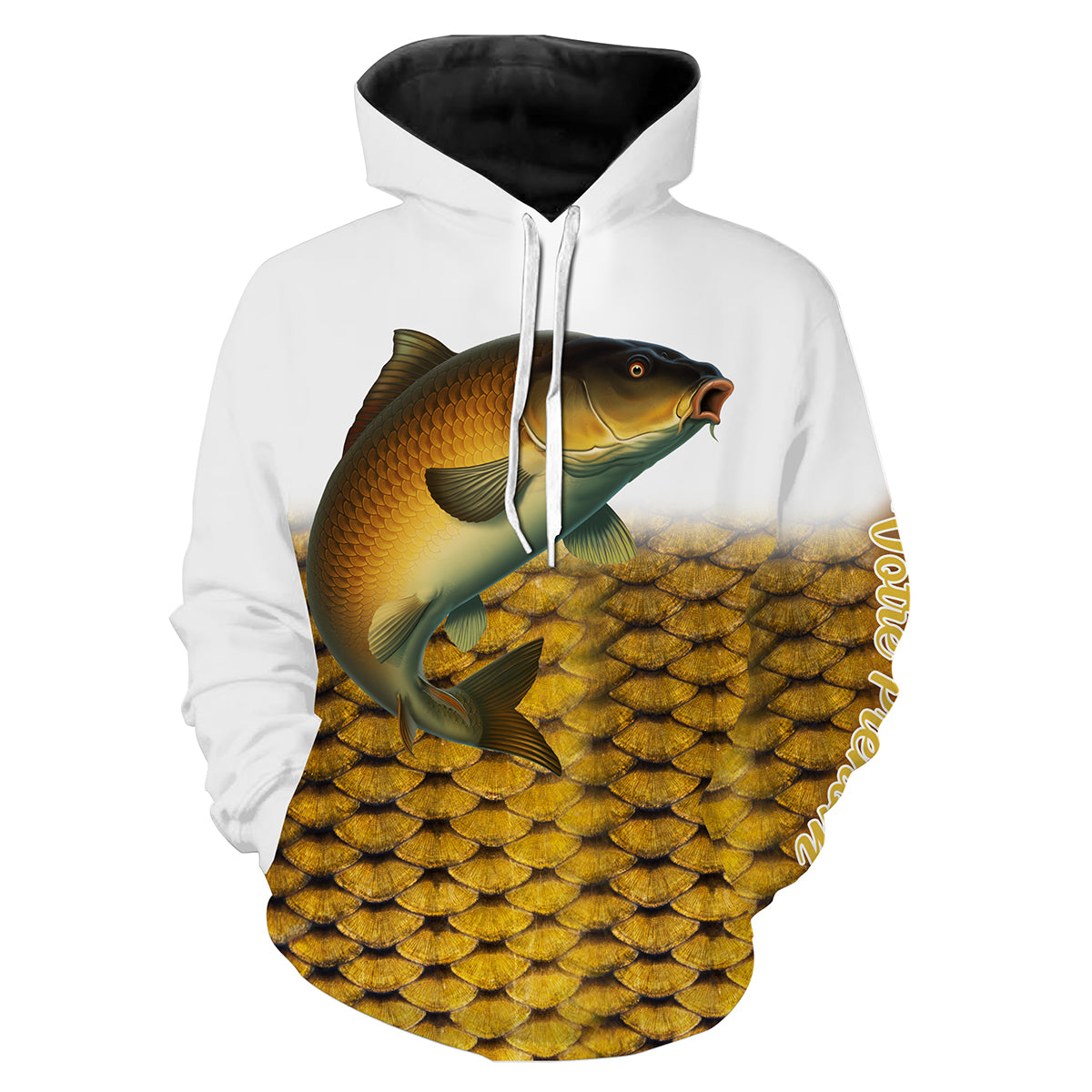 Sweat capuche pêche carpe all-over peau dorée écaillée motif carpe miroir bondissante prénom personnalisé carpiste