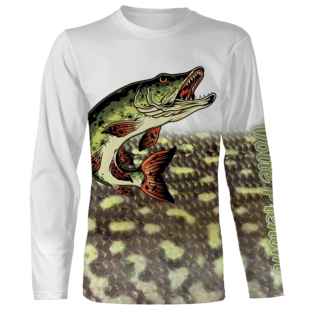 T-shirt manches longues pêche brochet all-over peau écaillée motif brochet mâchoire ouverte prénom personnalisé