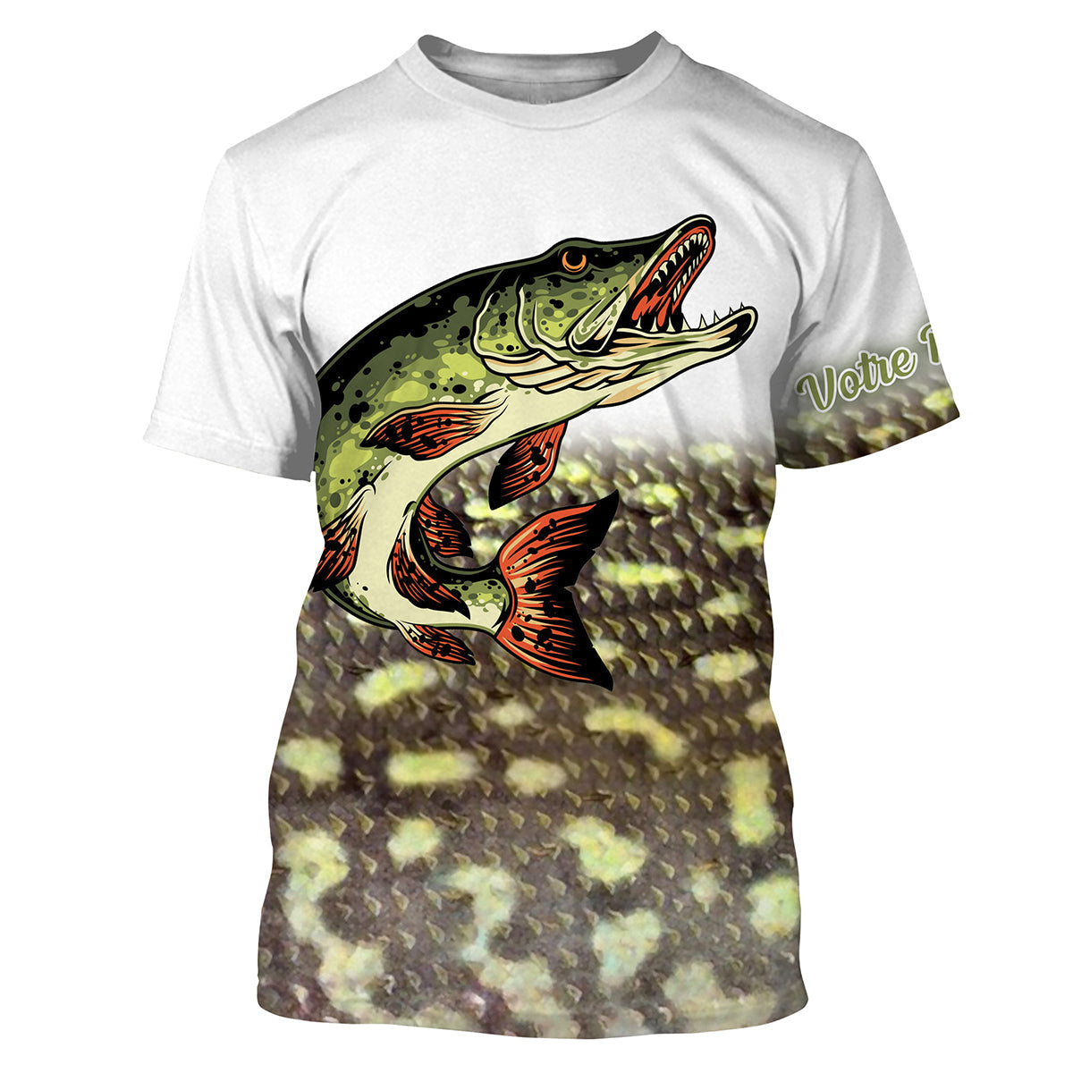 T-shirt pêche brochet all-over peau écaillée gris-vert tachetée motif brochet vert roux en attaque prénom personnalisé