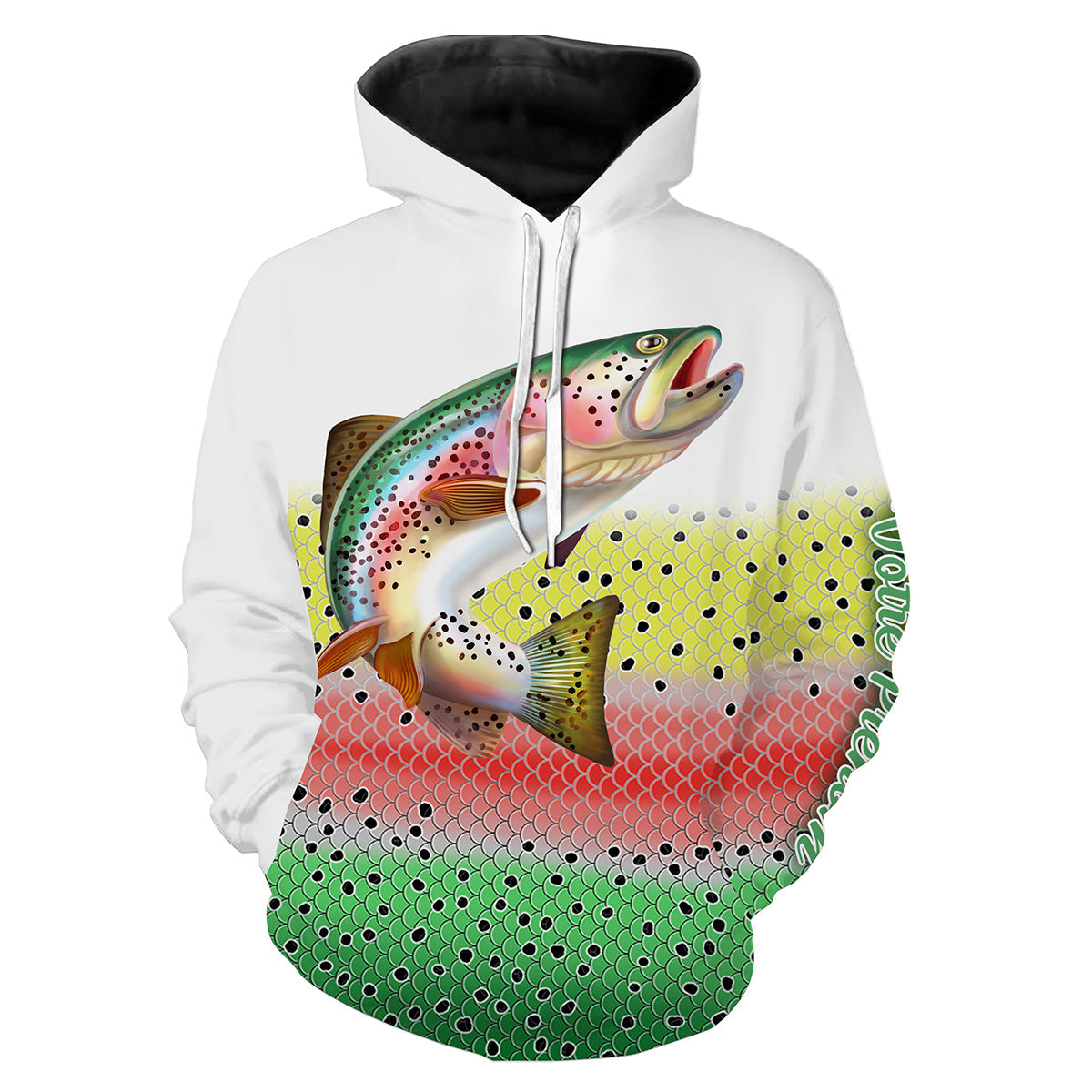 Sweat capuche pêche truite all-over peau écaillée multicolore motif truite arc-en-ciel rose jaune vert prénom personnalisé
