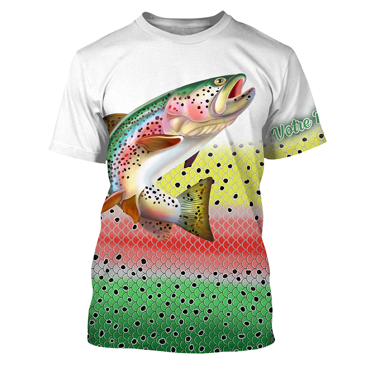 Hoodie pêche truite all-over peau écaillée vibrante motif truite arc-en-ciel torrent montagne prénom personnalisé