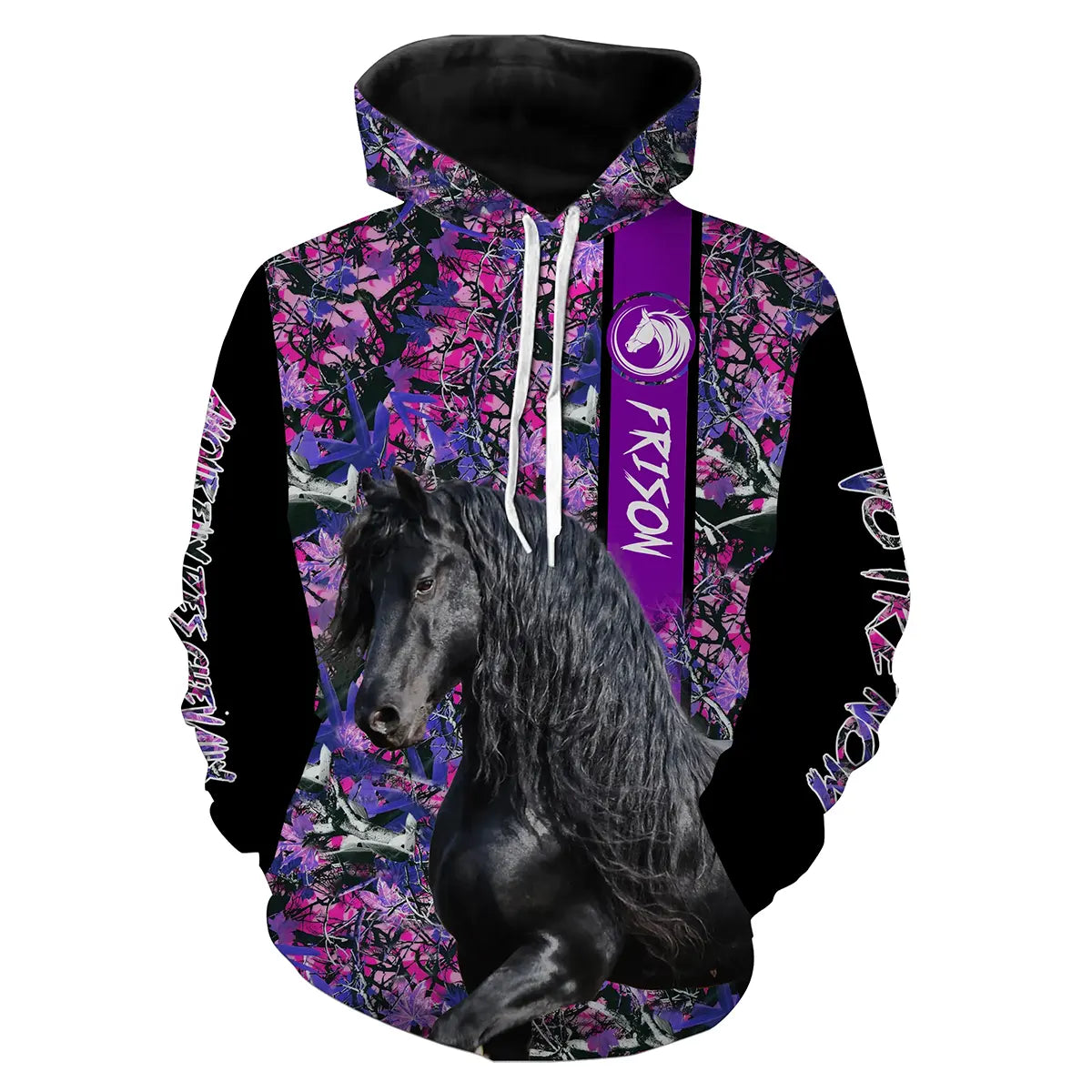Sweat cheval Frison femme all-over fond floral rose violet motif Frison noir longs crins ondulants prénom personnalisé