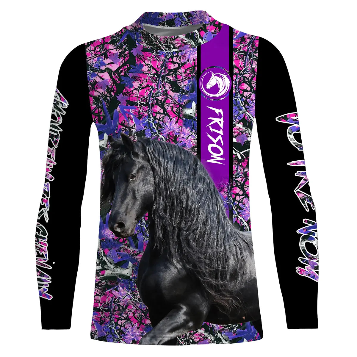 T-shirt cheval Frison femme all-over fond floral rose violet motif Frison noir cavalière prénom personnalisé