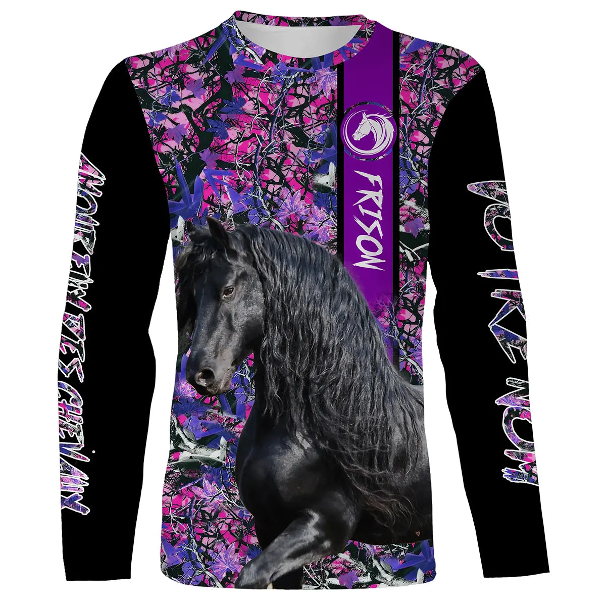 Sweat zippé cheval Frison femme all-over fond floral violet rose motif Frison noir longs crins prénom personnalisé