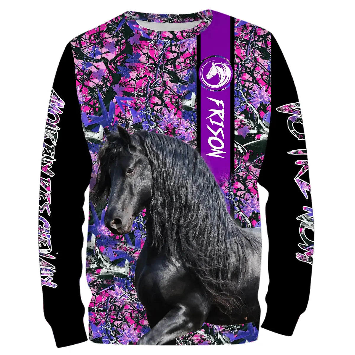 Sweat capuche Frison femme all-over fond rose violet motif cheval Frison noir cavalière prénom personnalisé floral