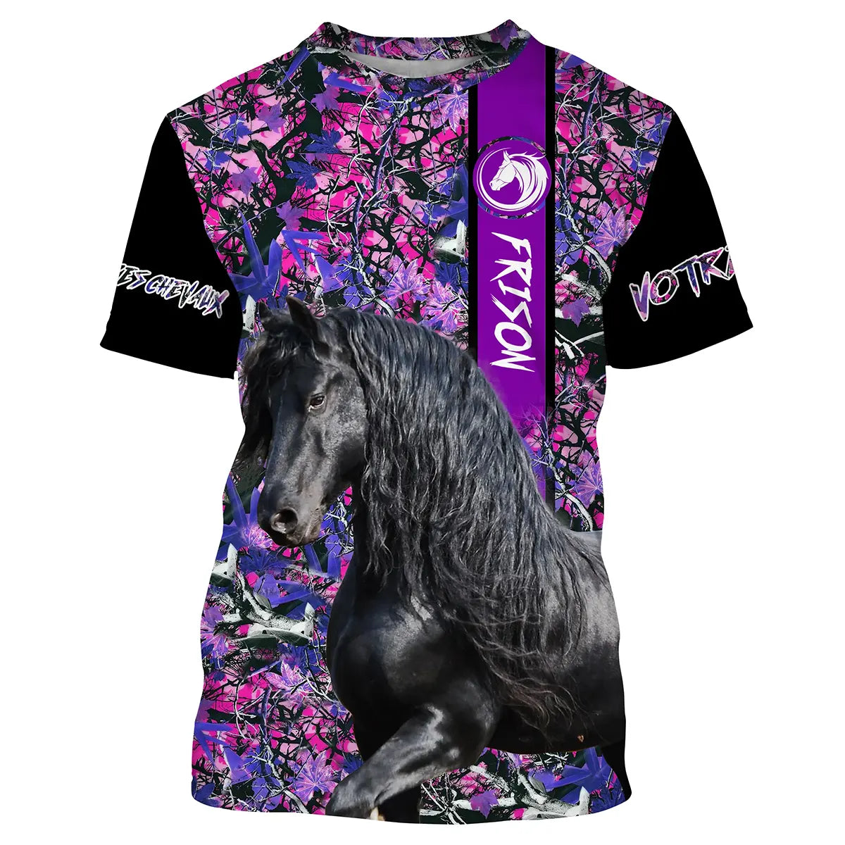 Sweat capuche cheval Frison femme all-over fond floral rose motif Frison noir prénom personnalisé cavalière