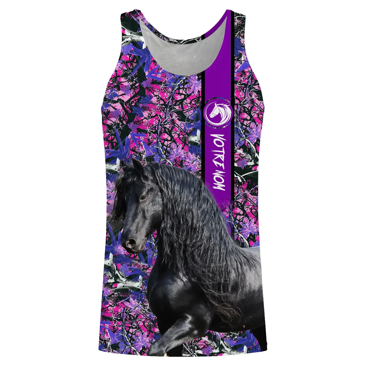 Hoodie cheval Frison femme all-over fond floral rose motif Frison noir longs crins ondulants prénom personnalisé