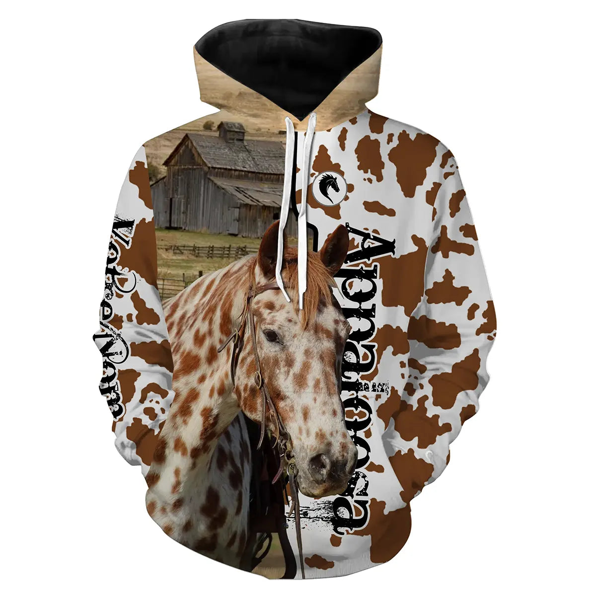 Sweat cheval Appaloosa all-over fond peau de vache marron blanc motif Appaloosa moucheté blanc alezan prénom personnalisé